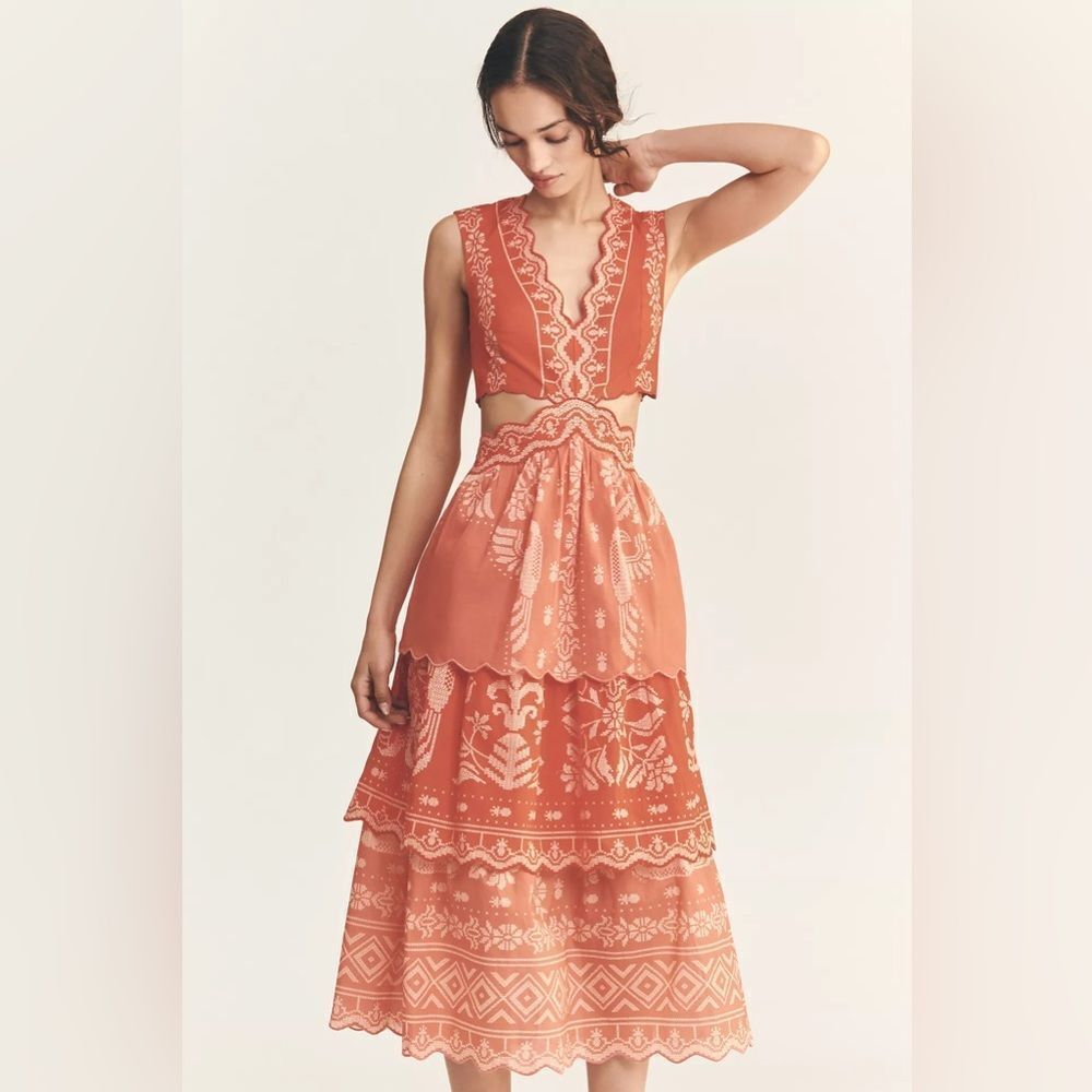FARM Rio Coral Embroidered Tiered Midi Dress